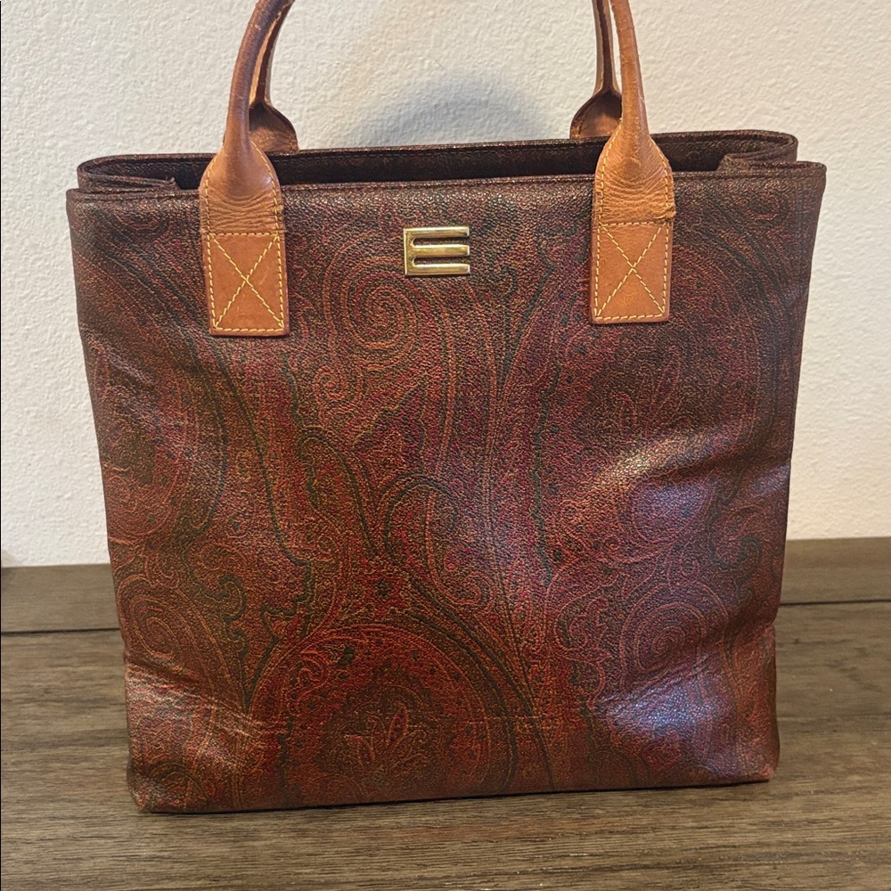 [Etro] Paisley Medium Leather Top Handle Tote Bag Handbag Purse, Brown/Red - Picture 2 of 13
